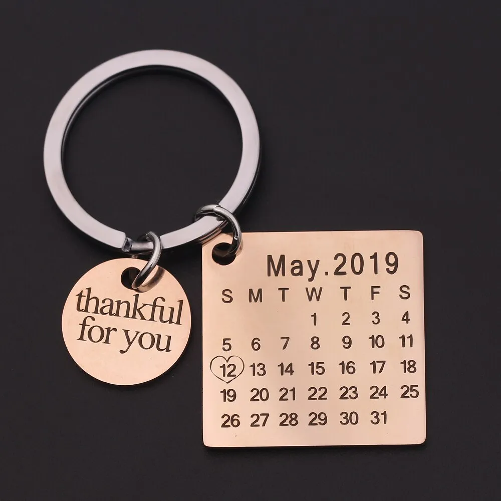 18K Gold Plated Calendar Keychain- Best Custom Keychain With Engraving Name, Date, Initials