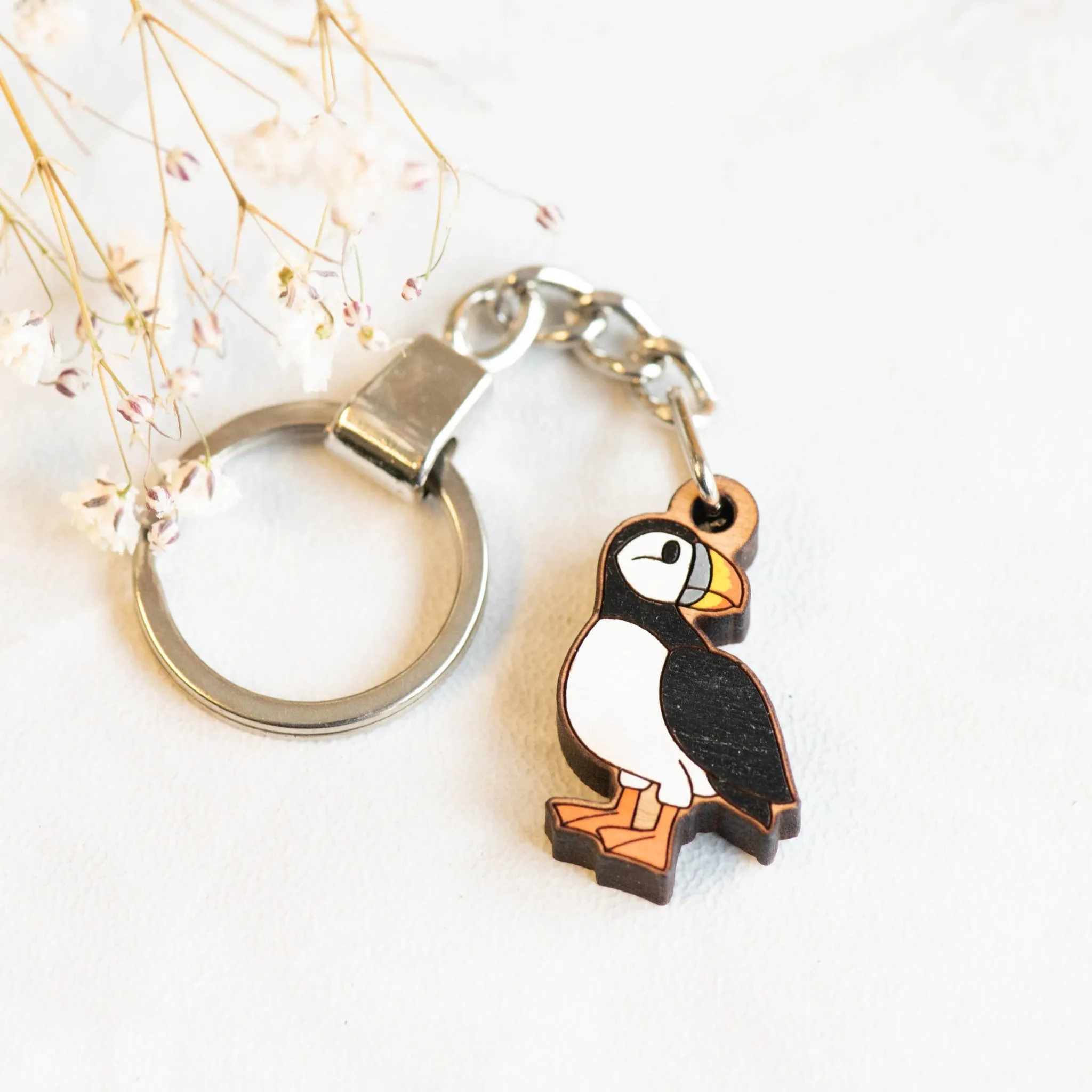 Hand-painted Puffin Bird Wood Keyring - KB22032